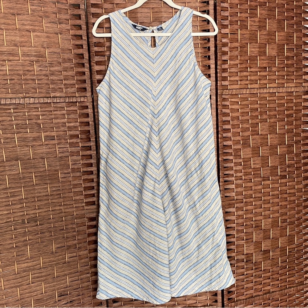 Lands' End Sleeveless Striped Midi Dress 100% Linen Nautical Sailor Cruise, M.